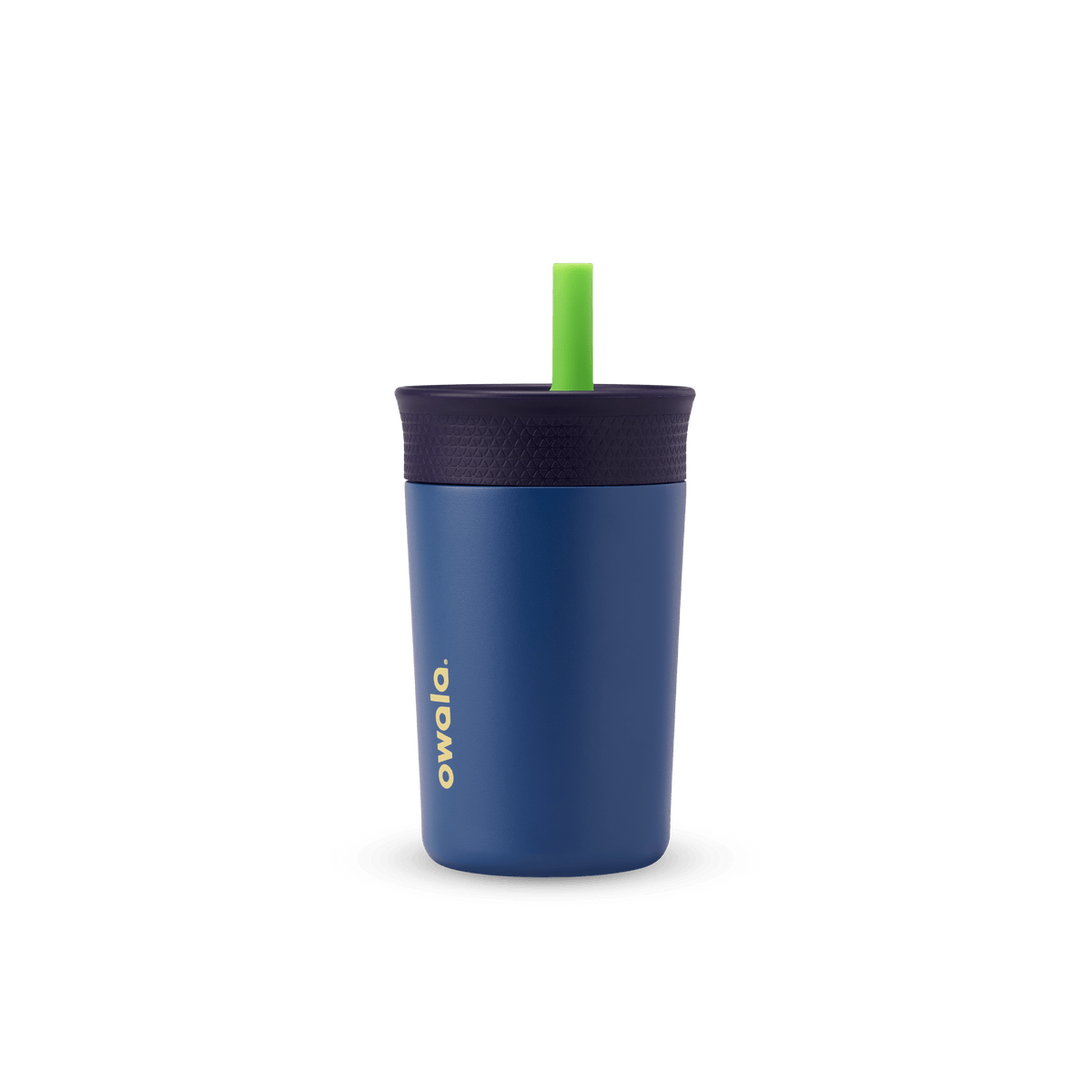Kids' Tumbler 12oz in Home Base; navy blue insulated tumbler with dark navy lid and bright green straw, yellow Owala logo on front