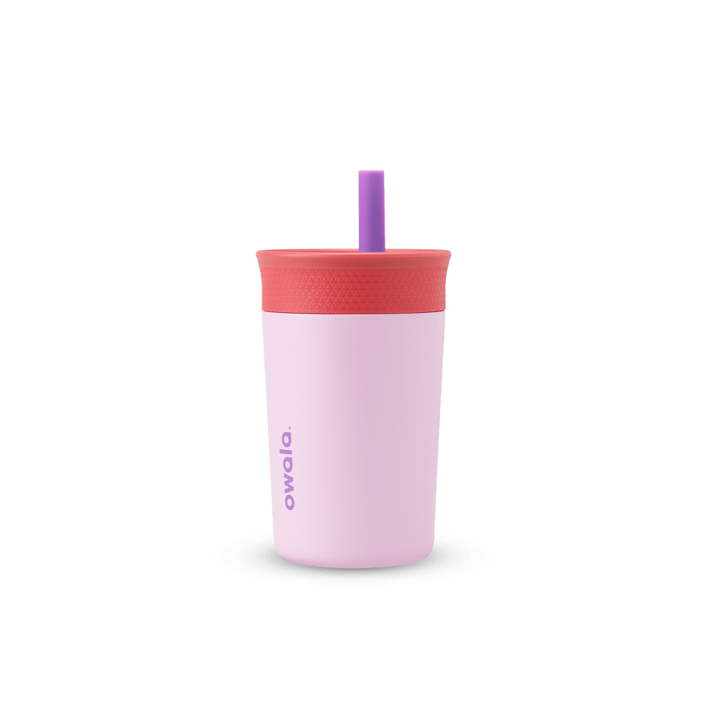 Kids' Tumbler 12oz in Lilac Rocket; soft pink insulated tumbler with coral red lid and purple straw, purple Owala logo on front