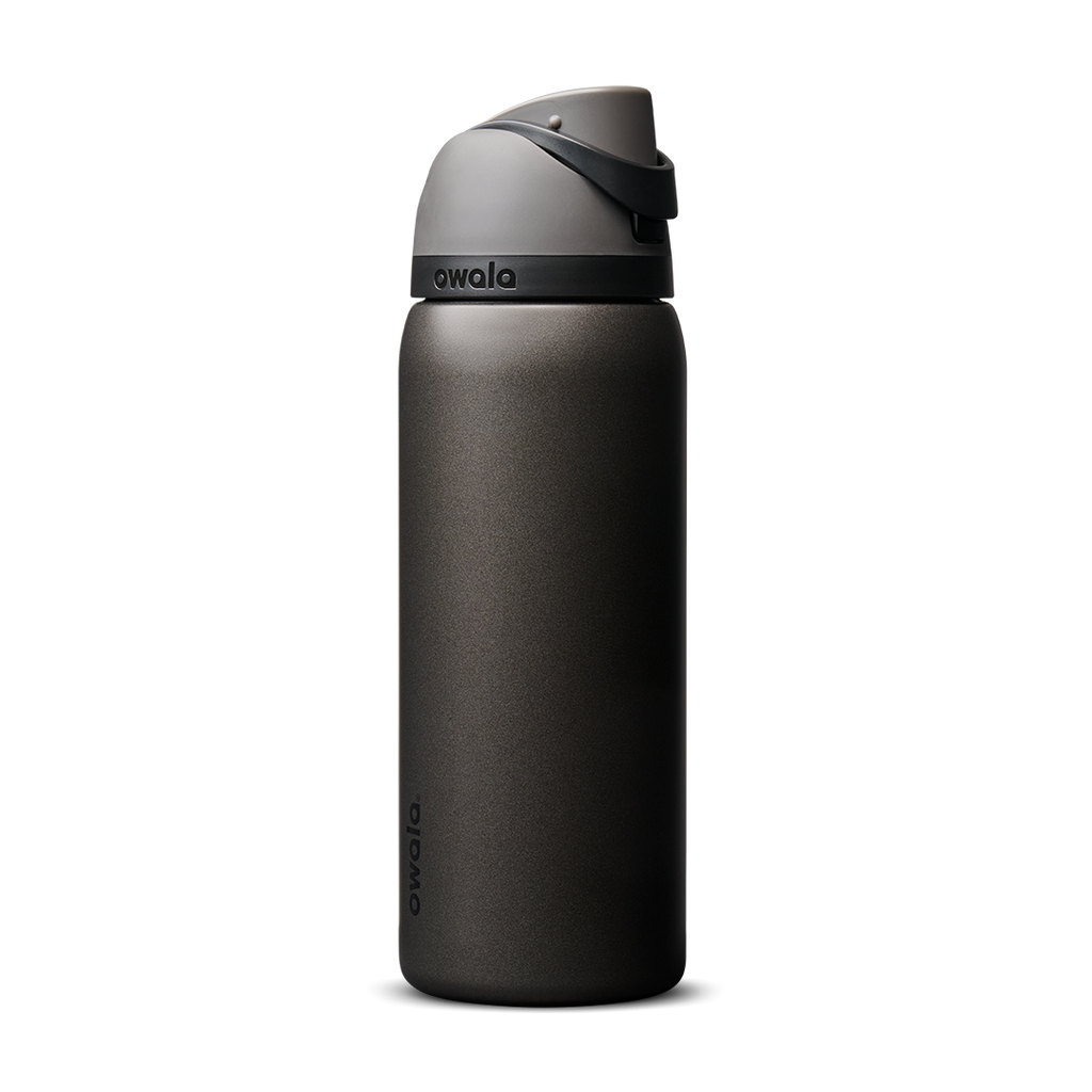 Owala FreeSip 32oz in Nailed It, deep charcoal black insulated bottle with matching dark gray flip cap and carry loop